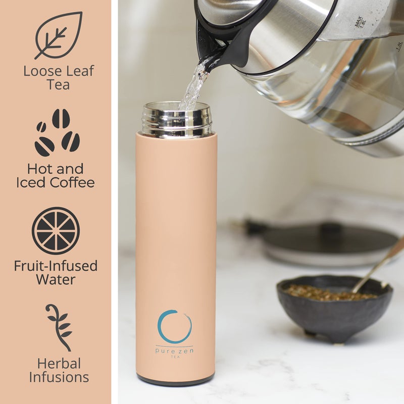Pure Zen Tea Thermos with Infuser for Hot and Cold Infusions - Stainless Steel - Tea Infuser Bottle - Leakproof Travel Mug with Filter - 15oz - Pink - Image 4